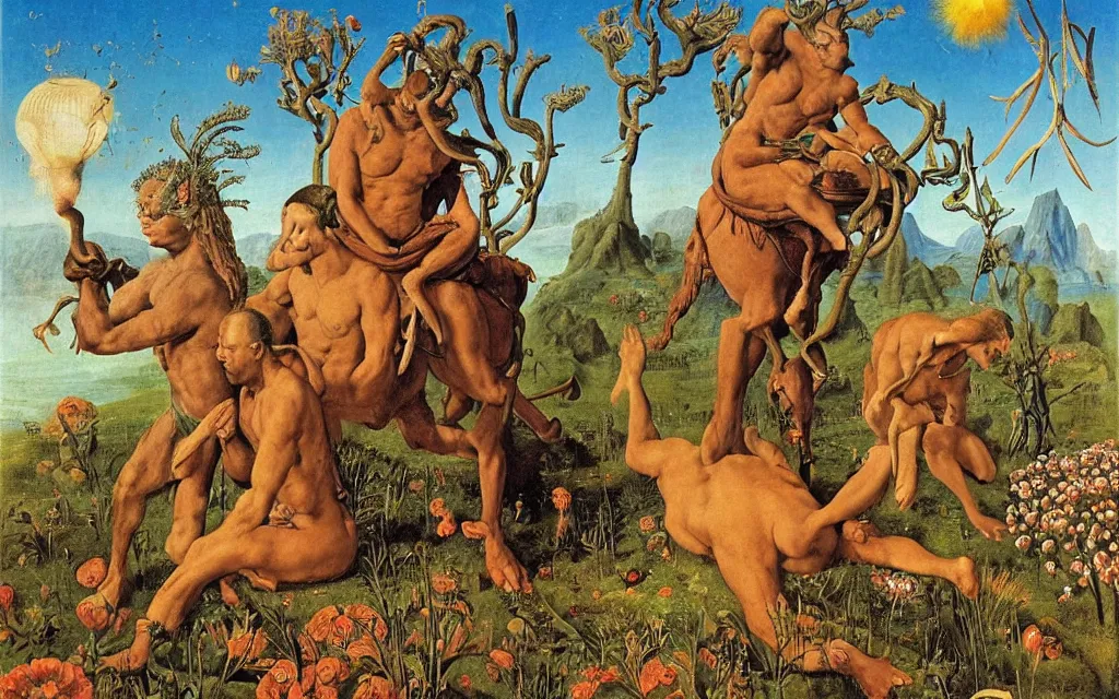 Image similar to a portrait photograph of a meditating satyr and a centaur monk riding a rocket machine and hunting at a river delta. surrounded by bulbous flowers and trees. mountain range under a blue sky of fiery stars. by jan van eyck, max ernst, ernst haeckel, ernst fuchs and artgerm, cgsociety, fashion editorial, 8 k