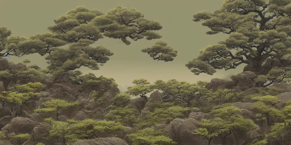 Image similar to old japanese landscape with curved trees and rocks, detailed, high quality, trending on artstation, 8 k, award winning