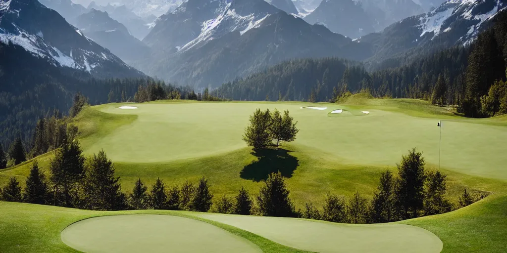 Image similar to a great photograph of the most amazing golf hole in the world, perfect light, in the swiss alps, high above treeline, ambient light, 5 0 mm, golf digest, top 1 0 0, fog