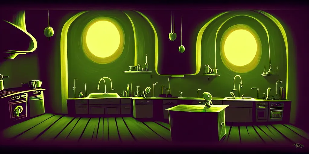 Prompt: curved perspective digital art of a very dark kitchen from nightmare before christmas by petros afshar