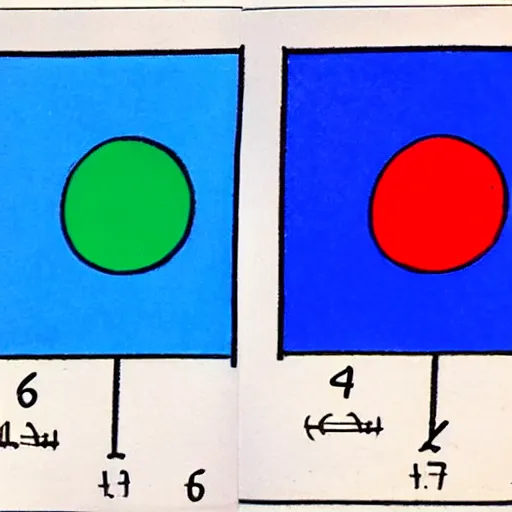 Image similar to from a 5th grade math textbook: two vertical panels, in the top panel is a blue cube, in the bottom panel is a red sphere