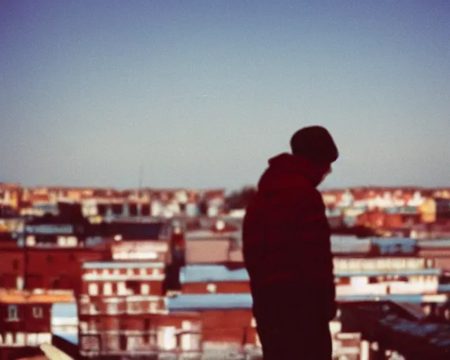 Image similar to lomo photo of man standing on the roof of soviet hrushevka, small town, cinestill, bokeh, out of focus