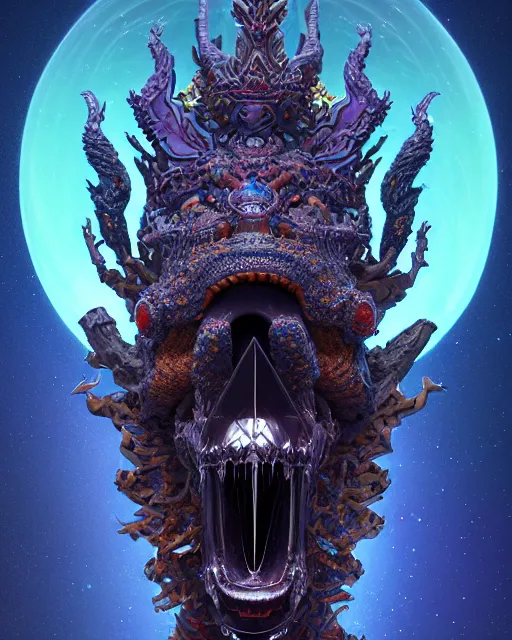 Image similar to 3 d ornate carved dark cosmic king with profile portrait, sigma 5 0 0 mm f / 5. beautiful intricate highly detailed quetzalcoatl skull. bioluminescent, plasma, lava, ice, water, wind, creature, thunderstorm! artwork by tooth wu and wlop and beeple and greg rutkowski, 8 k trending on artstation