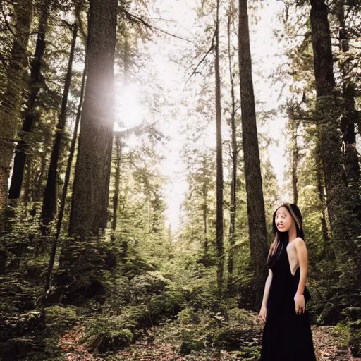 Prompt: medium shot photo portrait of a beautiful woman wearing a black gown in a bright forest