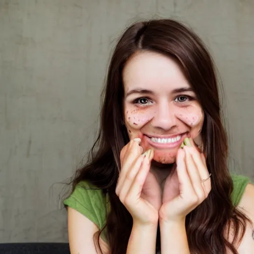 Image similar to Selfie photograph of a cute young woman smiling, long shiny bronze brown hair, full round face, emerald green eyes, medium skin tone, light cute freckles, smiling softly, wearing casual clothing, relaxing on a modern couch, interior lighting, cozy living room background, close-up shot, professional photography