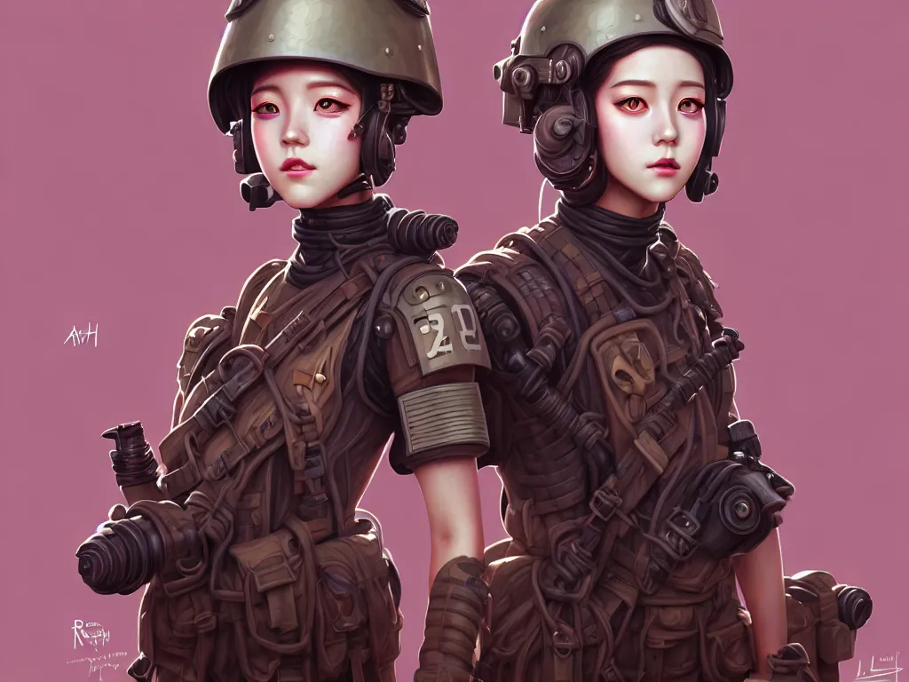 Image similar to portrait blackpink jisoo of dieselpunk soldier girl, helmet, desert, armored, highly detailed, digital painting, face detail, sharp focus, art, illustrations by loish and ayanamikodon and irakli nadar and rossdraws and wlop