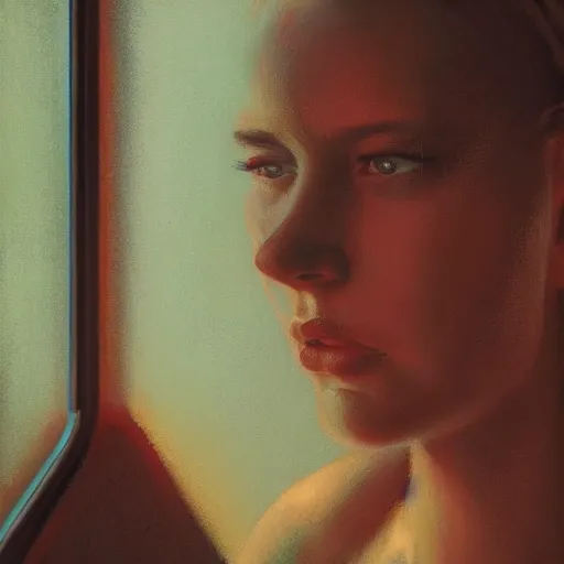 Image similar to detailed face of a woman, moment, cyberpunk cloisters, electronic billboards, tech noir, wet reflections, prism, atmospheric, ambient, pj crook, syd mead, livia prima, greg rutkowski, edward hopper