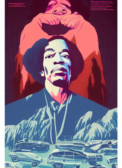 Image similar to Twin Peaks movie poster artwork by Michael Whelan and Tomer Hanuka, Rendering of Jimi Hendrix, is the school teacher in Twin Peaks, from a scene from Twin Peaks, clean, full of detail, Matte painting, trending on artstation and unreal engine