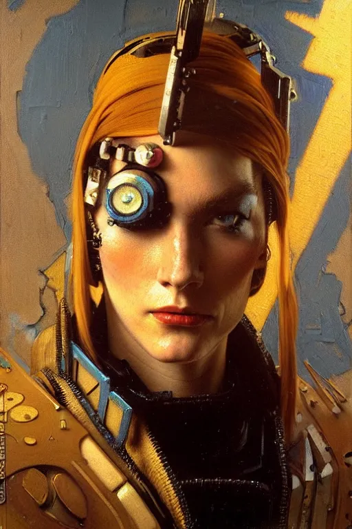 Image similar to full character portrait max mad cyberpunk warhammer 4 0 k, tech priest not the girl with the pearl earring character design, painting by gaston bussiere, katsuya terada, wyeth, greg rutkowski, craig mullins, ( ( ( ( ( vermeer ) ) ) ) ), frank frazetta, mucha, tom of finland, trending on artstation