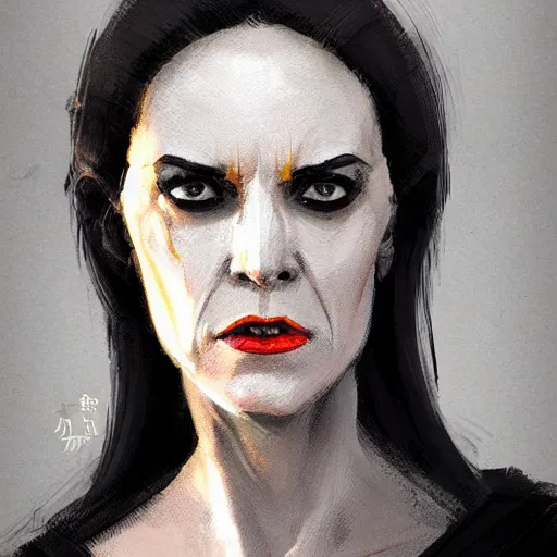 Image similar to portrait of a woman by greg rutkowski, a woman with yellow skin, black lips wearing black robes and a hodd, evil energy, star wars expanded universe, she is about 6 0 years old, highly detailed portrait, digital painting, artstation, concept art, smooth, sharp foccus ilustration, artstation hq