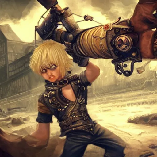 Image similar to A blonde boy wearing steampunk wristband that launches out a grapple using steam canisters, epic fantasy art style HD