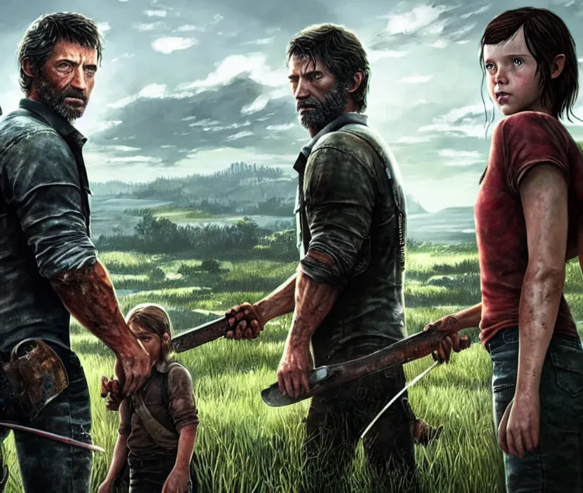 Image similar to hugh jackman as joel from the last of us standing with millie bobby brown as ellie, character concept art, hyperrealistic, detailed, accurate illustration, dramatic lighting