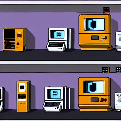 Image similar to a hallway including an apple lisa, commodore 6 4, ibm pc, nes, playstation 1, nokia 3 3 1 0, iphone and quantum computer, hd, concept art