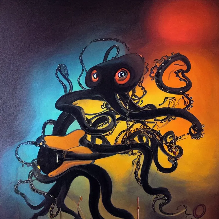 Image similar to a beautiful painting by greg tocchini of an octopus playing drums and telecaster guitar in an electronic concert, dark background, concert light, dark mood, warm lights