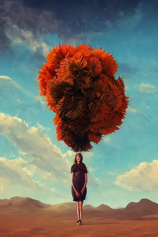 Image similar to closeup, giant flower head, girl in desert, surreal photography, wind and cold, dramatic sky, impressionist painting, digital painting, artstation, simon stalenhag