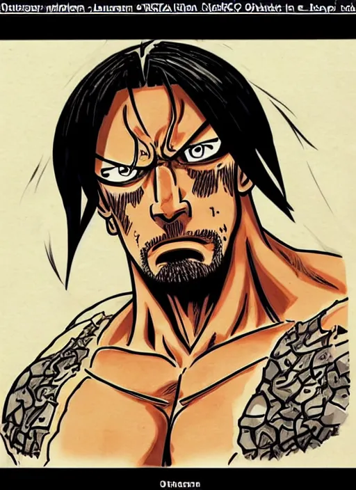 Prompt: dwayne johnson as origin character in one piece manga, sketch by eiichiro oda, amazing likeness. very detailed.