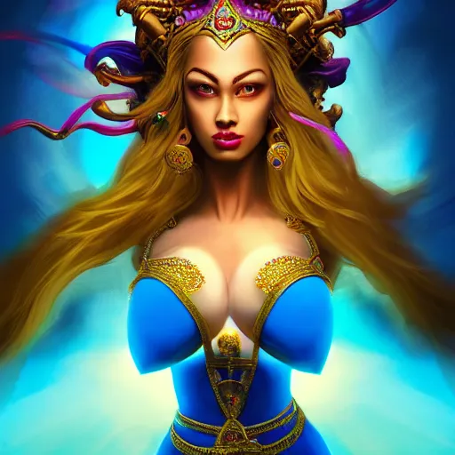 Image similar to all powerful genie, a god, god, ecstatic, infinite power, manic, perfect eyes, full body shot, magical being, magic, portrait, noble, transformation, vivid colors, elegant, concept art, sharp focus, digital art, Hyper-realistic, 4K, Unreal Engine, Highly Detailed, HD, Dramatic Lighting by Brom, trending on Artstation