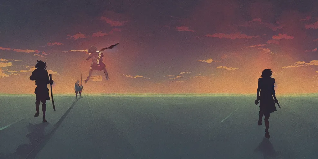 Image similar to Rule of Thirds focusing on Jesus christ representing a samurai running, jesus happy, Portrait, Very Cloudy Sky, Sun, Neon Lights, Rule of Thirds, perspective, Retrofuturism, Studio Ghibli, Simon Stålenhag