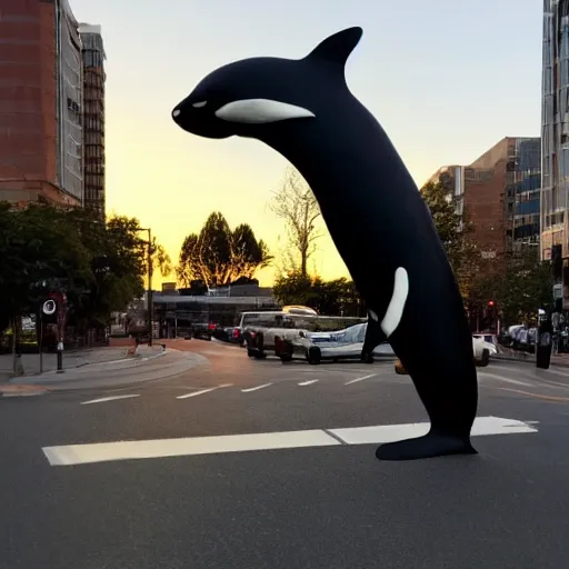 Prompt: photo of an enormous full sized needle - felted killer whale crossing a busy street golden hour