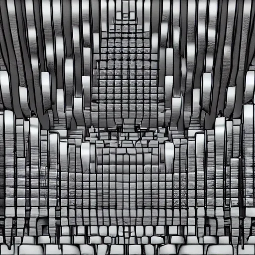 Image similar to nuclear brutalist synthetic sounds waves in infinite recursion