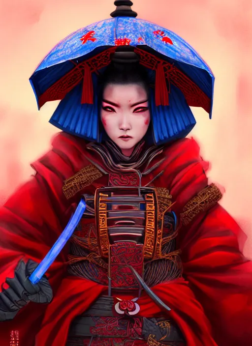 Prompt: establishing cinematic movie scene of a wrathful samurai warrior woman dressed in red holding a lotus flower killing street thugs dressed in blue garbs, cinematic scene!, intricate, elegant, highly detailed, lotus flower, artstation, concept art, smooth, sharp focus, wlop