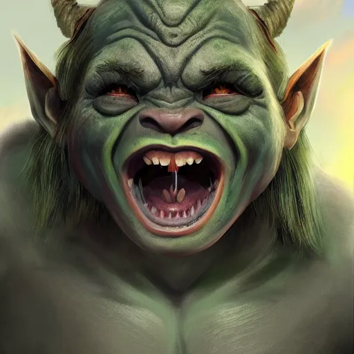 Image similar to a detailed portrait of a cute child orc boy smiling, fantasy art illustration, incredibly highly detailed and realistic, 8 k, sharp focus