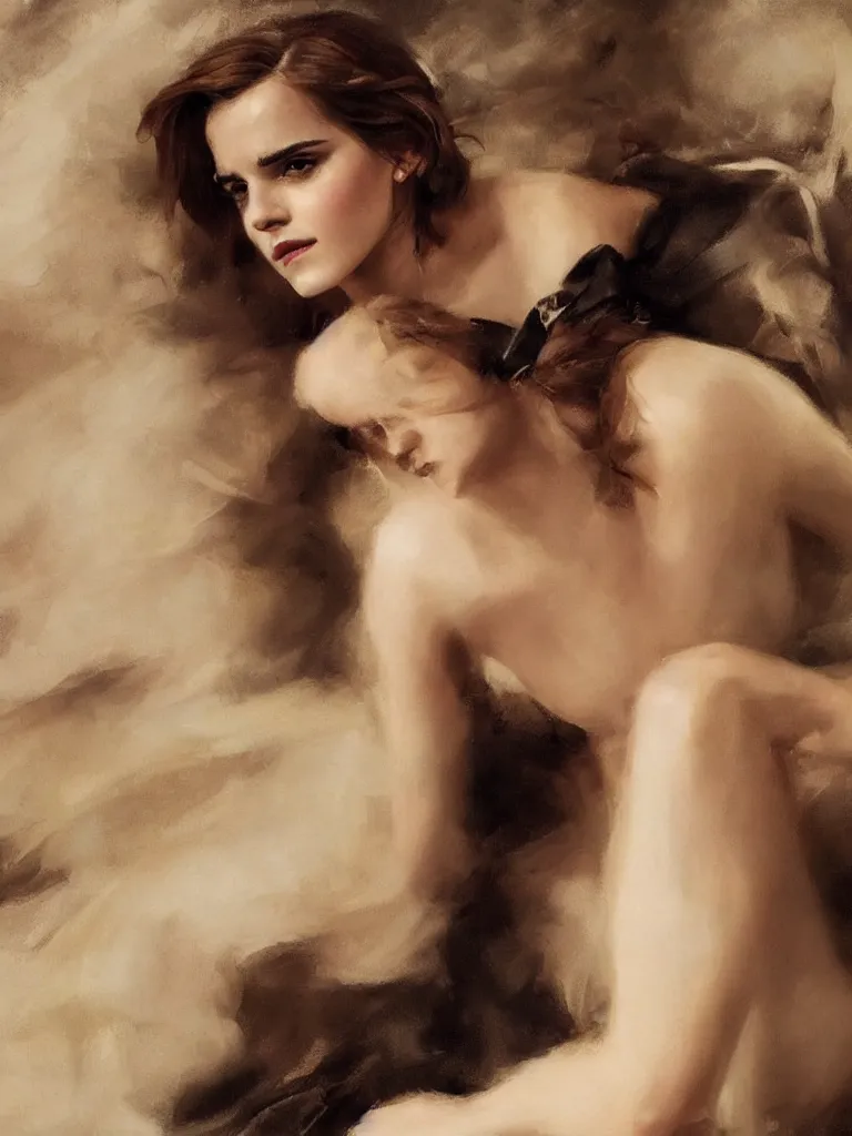 Prompt: close up of emma watson in dressed in leather, cinematographic shot, by vladimir volegov and alexander averin and delphin enjolras and daniel f. gerhartz