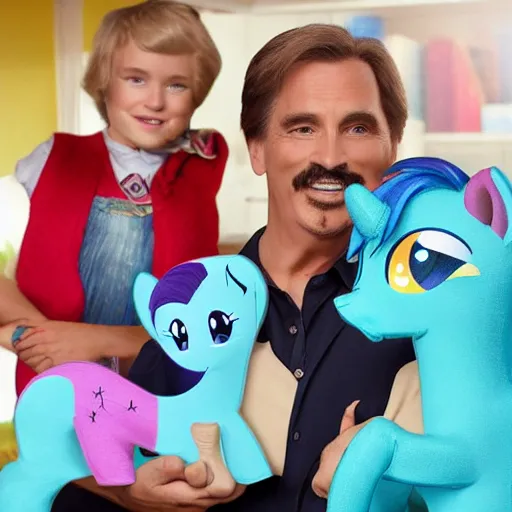 Prompt: mike lindell holding a my little pony body pillow. still from tv commercial