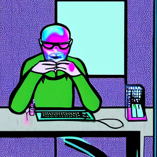 Prompt: a goth computer nerd sitting in front of computer screen, glow on face, reflective glasses, by shinji aramaki, by moebius, digital illustration,