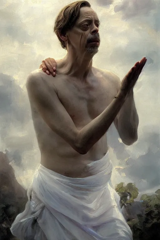 Image similar to beautiful oil painting portrait of ancient roman god emperor steve buscemi wearing the civic crown levitating and ascending religious pose, ascension, art by anders zorn, wonderful masterpiece by greg rutkowski, expressive brush strokes, beautiful cinematic light, american romanticism by greg manchess, jessica rossier