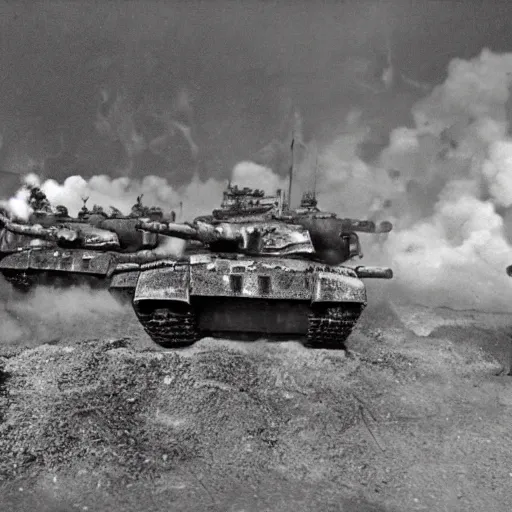 Image similar to black and white photo Dragons in Battle of Kursk WWII, dragons flying, tanks