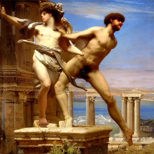 Image similar to the god of love eros soaring in the skies with apollo, ancient ruins by lawrence alma - tadema style, very detailed, anatomically correct, path traced lighting, soft natural lighting, only two gods