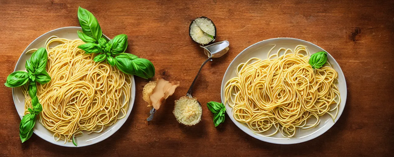 Prompt: adding fresh spaghetti and pasta to a serving platter, fresh basil, kodachrome, canon 5 0 mm, photograph, in the style of wes anderson, retro