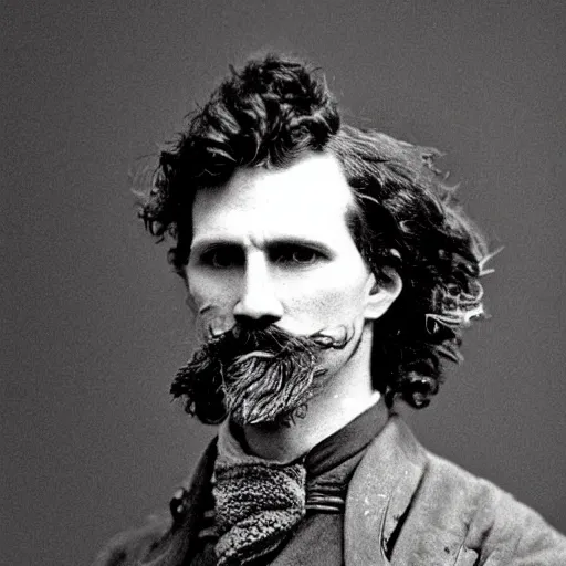 Prompt: A photograph portrait of Jerma985 with crazy wavy hair a pyramidal mustache in the late 1800s, taken in the late 1800s, 1870s, grainy, taken on a Field View Camera, realistic, hyperrealistic, very realistic, highly detailed, very detailed, extremely detailed, detailed, digital art, trending on artstation