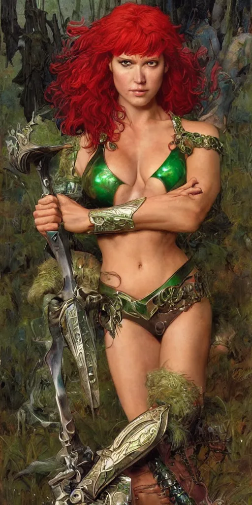 Prompt: epic masterpiece full body portrait, Red Sonja, followed by head with many screaming faces, beautiful faces and flawless skin, perfect hands, emeralds by Edgar Maxence and Ross Tran and Michael Whelan
