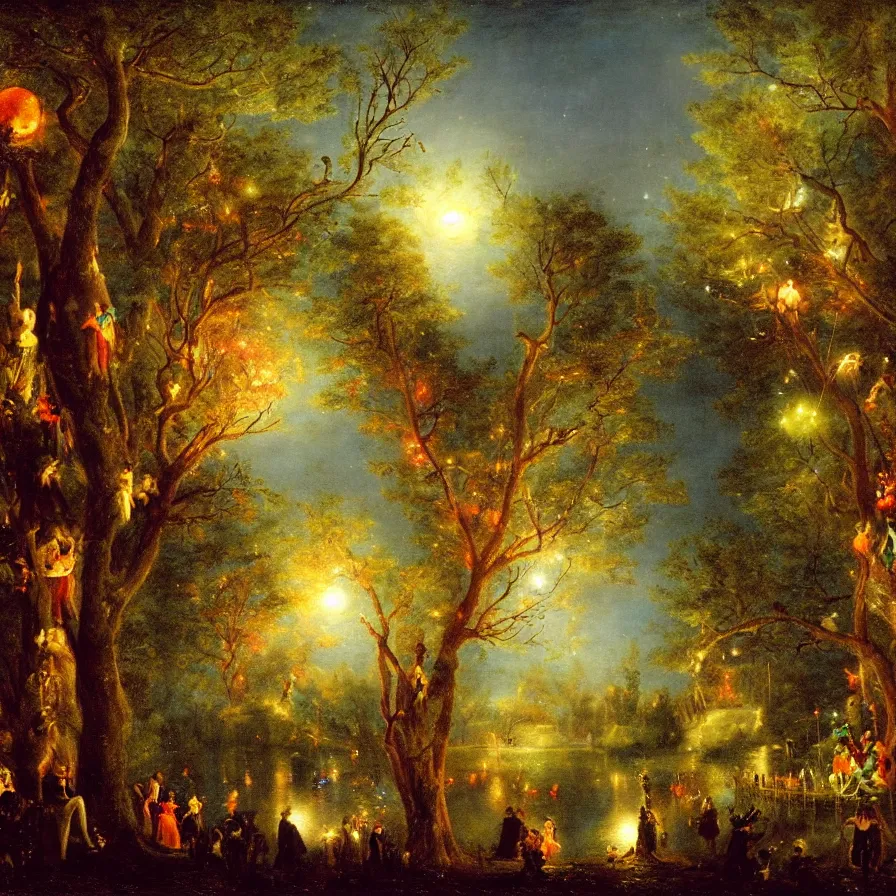 Prompt: a night carnival around a magical tree cavity, with a surreal orange moonlight and fireworks in the background, next to a lake with iridiscent water, christmas lights, folklore animals and people disguised as fantastic creatures in a magical forest by summer night, masterpiece painted by william beechey, dark night environment