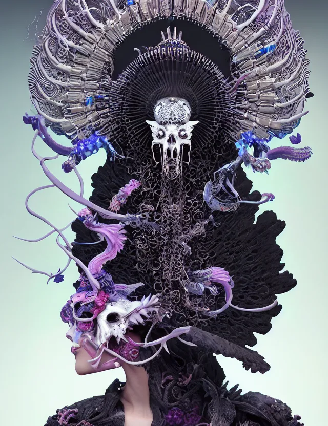 Image similar to 3 d goddess of death close - up profile portrait with ram skull. beautiful intricately detailed japanese crow kitsune mask and clasical japanese kimono. betta fish, jellyfish phoenix, bio luminescent, plasma, ice, water, wind, creature, artwork by tooth wu and wlop and beeple and greg rutkowski