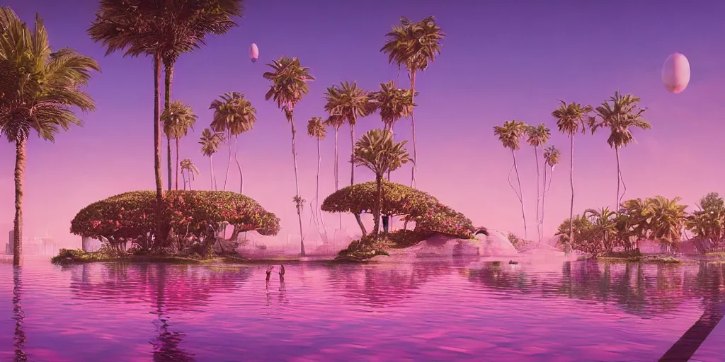 Image similar to artgem and Beeple masterpiece, hyperrealistic surrealism, award winning masterpiece with incredible details, epic stunning, infinity pool, a surreal vaporwave liminal space, highly detailed, trending on ArtStation, calming, meditative, pink arches, palm trees, very vaporwave, very very surreal, sharp details, dreamscape, giant head statue ruins