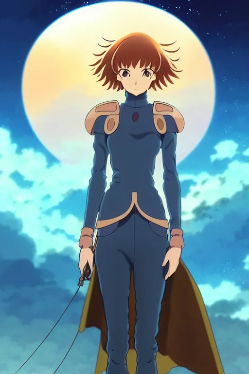 Image similar to anime art full body portrait character nausicaa concept art, anime key visual of elegant young female, brown hair and large eyes, finely detailed perfect face delicate features directed gaze, sunset in a valley, trending on pixiv fanbox, studio ghibli, extremely high quality artwork by kushart krenz cute sparkling eyes