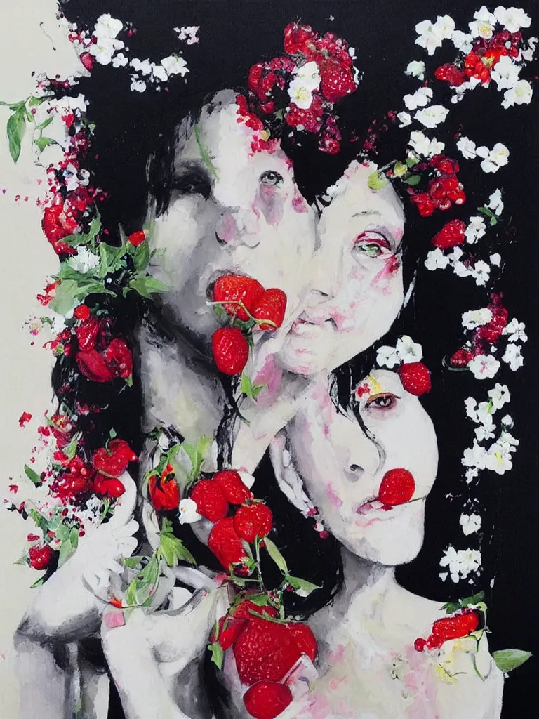 Image similar to “art in an Australian artist’s apartment, portrait of a woman wearing white cotton cloth, eating luscious fresh raspberries and strawberries and blueberries, white wax, edible flowers, Japanese pottery, ikebana, black walls, acrylic and spray paint and oilstick on canvas”