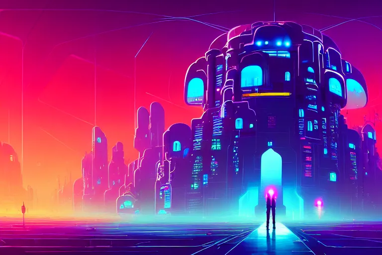 Image similar to a cybernetic cathedral overlooking an higway of data, cyberpunk, beautiful detailed, cinematic, strong lighting, hi - fructose art magazine, by anton fadeev and paul lehr and david heskin and josan gonzalez, 8 k