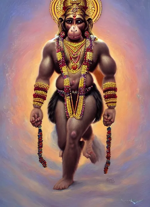 Image similar to a full body portrait of beautiful ornated hanuman!!!! god with flowing medium hair, soft facial features, kind appearence, digital art by krishen khanna and madhvi parekh, symmetrical body, artgerm, portrait, muted color scheme, highly detailed, outrun art style