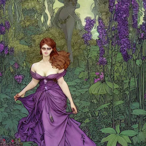 Prompt: a stunning matte portrait of a thicc and voluptuous emma watson dressed as a beautiful poison ivy wearing a floor length purple dress walking through a flowering garden, greenhouse in the background, intricate, elegant, highly detailed, digital painting, artstation, sharp focus, illustration, art by rebecca guay and arthur rackham and alphonse mucha and john william waterhouse, pixv