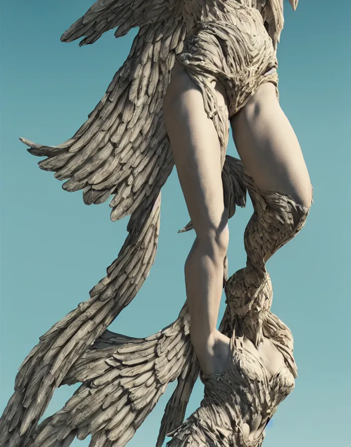 Prompt: positing on rock woman in form of sculpture Winged Victory of Samothrace with many biomechanical details, full lenght view. white plastic, skull, muscles, tumors, veins, biomech. Vogue magazine. halo. octane rendering, cinematic, hyperrealism, octane rendering, 8k, depth of field, bokeh. iridescent accents. vibrant. teal gold and red color scheme