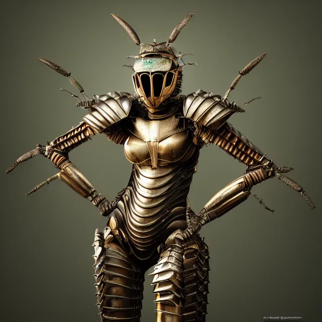 Prompt: full body photo of a beautiful cute strong warrior queen wearing insectoid armour, highly detailed, 8 k, hdr, smooth, sharp focus, high resolution, award - winning photo