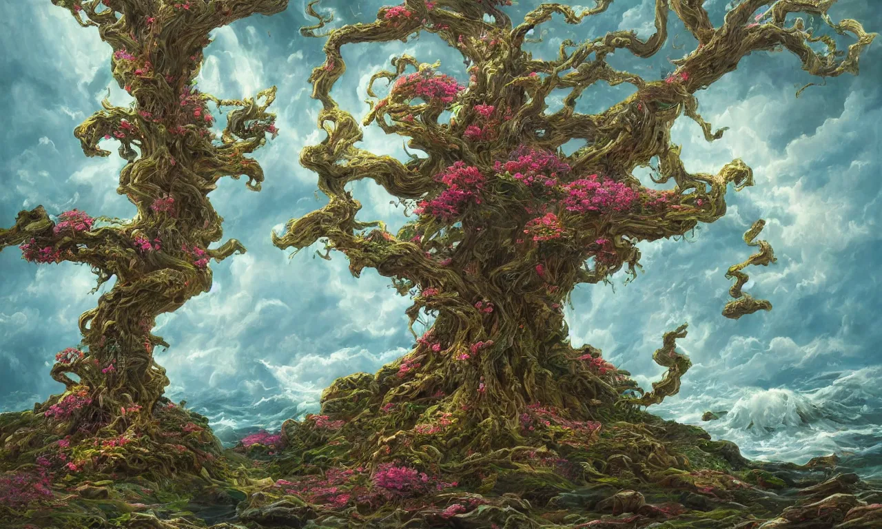 Image similar to a beautiful painting of a huge sacred and mystical and mysterious tree growing on an island with blooming with exotic glowing flowers and bugs, in the middle of a violent tumultuous sea, by john blanche, trending on artstation, midjourney