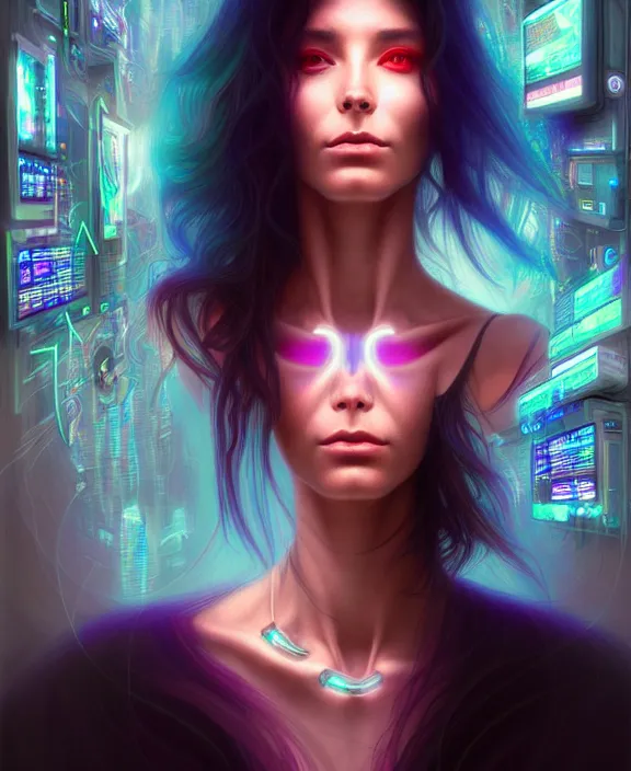 Image similar to a whirlwind of souls rushing inside the metaverse, hologram, half body, neurochip, shaved temple, piercing, jewelry, android, cyborg, cyberpunk face, by loish, d & d, fantasy, intricate, elegant, highly detailed, colorful, digital painting, artstation, concept art, art by artgerm and greg rutkowski and alphonse mucha