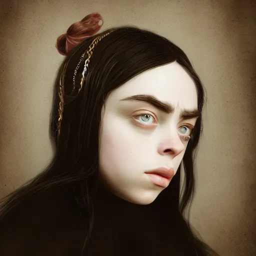 Prompt: Portrait of Billie Eilish in victorian london, elegant, highly detailed, fantasy, artstation, smooth, sharp focus, octane render