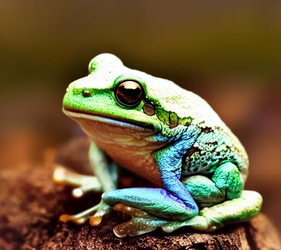 Image similar to photo, cute frog, flay, sitting on a mushroom, various poses, soft light, faded colors, well framed, sharp focus, 8 k