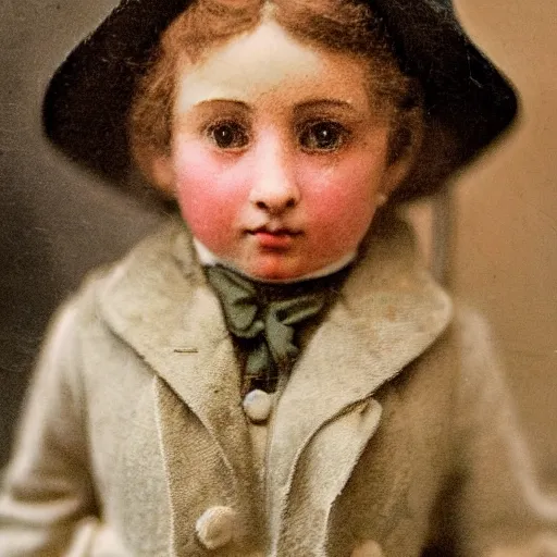 Prompt: close up portrait of a victorian child standing in a shop that sells dolls, 8 k, soft lighting, highly detailed realistic, face in focus 1 8 9 0's liminal